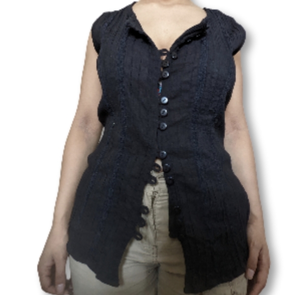 Black Plisse Mesh Button Up Blouse - Picture 2 of 6